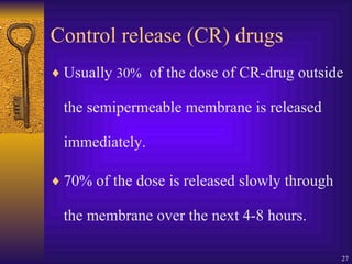 Control release (CR) drugs Usually  30%   of the dose of CR-drug outside the semipermeable membrane is released immediately. 70% of the dose is released slowly through the membrane over the next 4-8 hours. 