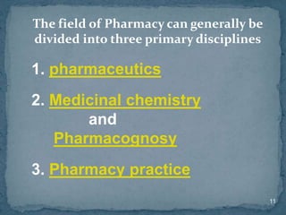 11
The field of Pharmacy can generally be
divided into three primary disciplines
1. pharmaceutics
2. Medicinal chemistry
and
Pharmacognosy
3. Pharmacy practice
 