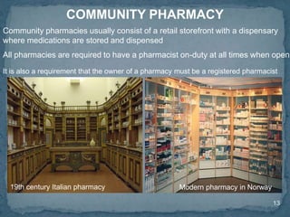 13
COMMUNITY PHARMACY
Community pharmacies usually consist of a retail storefront with a dispensary
where medications are stored and dispensed
All pharmacies are required to have a pharmacist on-duty at all times when open.
It is also a requirement that the owner of a pharmacy must be a registered pharmacist
19th century Italian pharmacy Modern pharmacy in Norway
 