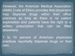 27
However, the American Medical Association
(AMA) Code of Ethics provides that physicians
may dispense drugs within their office
practices as long as there is no patient
exploitation and patients have the right to a
written prescription that can be filled
elsewhere.
7 to 10 percent of American physicians
practices reportedly dispense drugs on their
own.
 