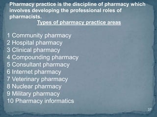 37
Pharmacy practice is the discipline of pharmacy which
involves developing the professional roles of
pharmacists.
Types of pharmacy practice areas
1 Community pharmacy
2 Hospital pharmacy
3 Clinical pharmacy
4 Compounding pharmacy
5 Consultant pharmacy
6 Internet pharmacy
7 Veterinary pharmacy
8 Nuclear pharmacy
9 Military pharmacy
10 Pharmacy informatics
 