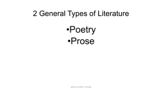2 General Types of Literature

•Poetry
•Prose

ignatius joseph n estroga

 