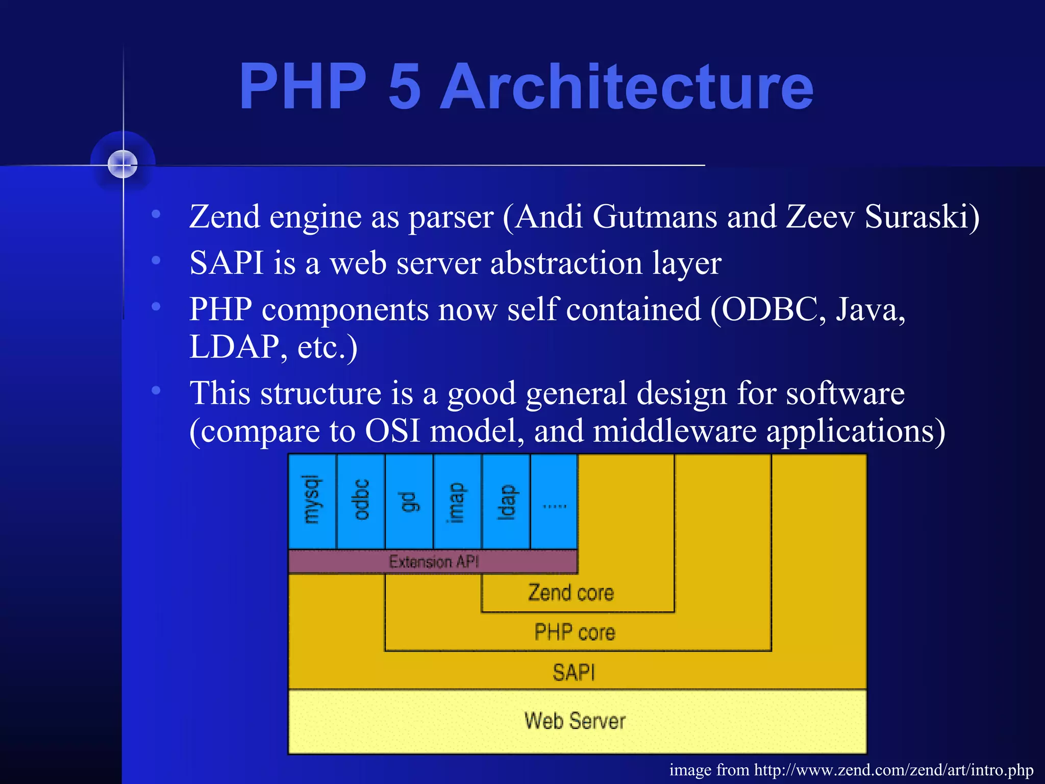 PHP 5 Architecture
• Zend engine as parser (Andi Gutmans and Zeev Suraski)
• SAPI is a web server abstraction layer
• PHP components now self contained (ODBC, Java,
  LDAP, etc.)
• This structure is a good general design for software
  (compare to OSI model, and middleware applications)




                                  image from http://www.zend.com/zend/art/intro.php
 