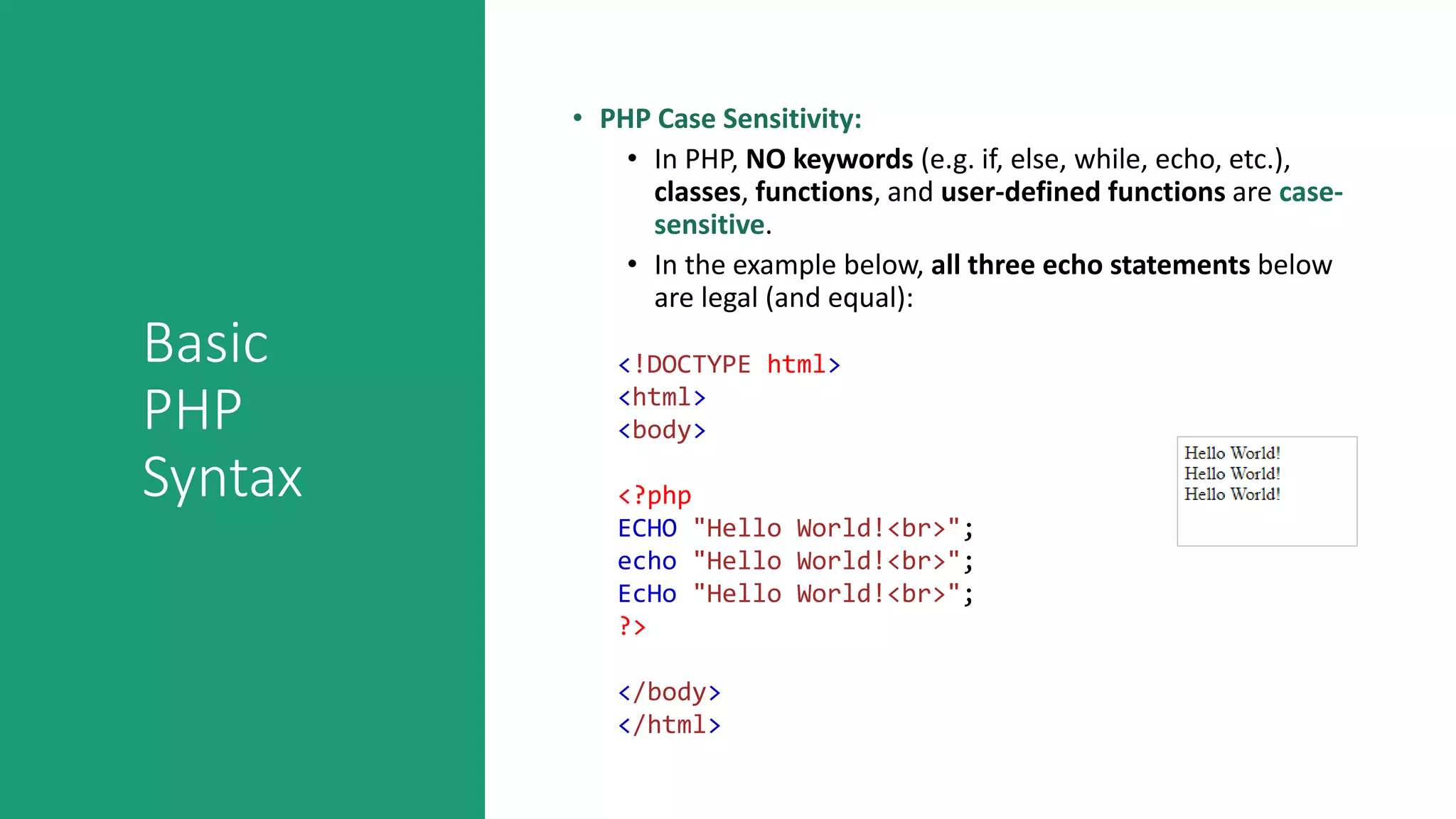 Basic
PHP
Syntax
• PHP Case Sensitivity:
• In PHP, NO keywords (e.g. if, else, while, echo, etc.),
classes, functions, and user-defined functions are case-
sensitive.
• In the example below, all three echo statements below
are legal (and equal):
<!DOCTYPE html>
<html>
<body>
<?php
ECHO "Hello World!<br>";
echo "Hello World!<br>";
EcHo "Hello World!<br>";
?>
</body>
</html>
 