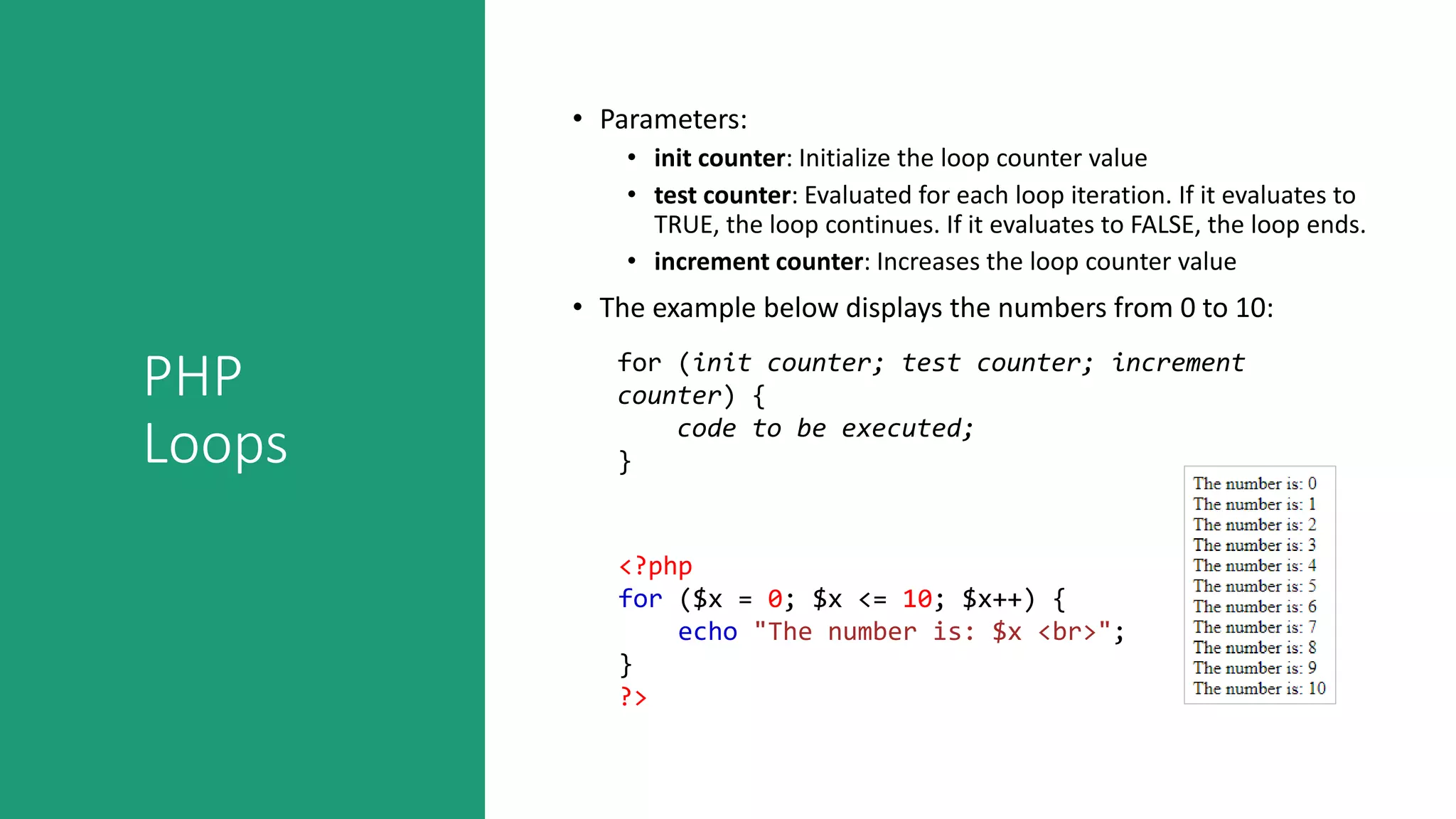 PHP
Loops
• Parameters:
• init counter: Initialize the loop counter value
• test counter: Evaluated for each loop iteration. If it evaluates to
TRUE, the loop continues. If it evaluates to FALSE, the loop ends.
• increment counter: Increases the loop counter value
• The example below displays the numbers from 0 to 10:
for (init counter; test counter; increment
counter) {
code to be executed;
}
<?php
for ($x = 0; $x <= 10; $x++) {
echo "The number is: $x <br>";
}
?>
 