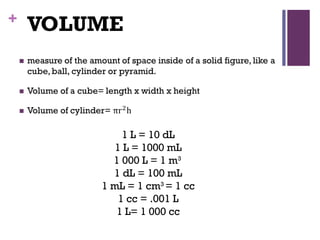 + VOLUME
1 L = 10 dL
1 L = 1000 mL
1 000 L = 1 m3 
1 dL = 100 mL
1 mL = 1 cm3
= 1 cc
1 cc = .001 L
1 L= 1 000 cc
 