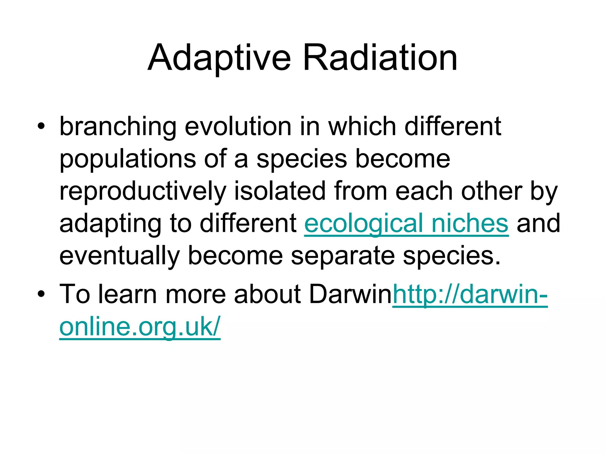 Adaptive Radiation
• branching evolution in which different
populations of a species become
reproductively isolated from each other by
adapting to different ecological niches and
eventually become separate species.
• To learn more about Darwinhttp://darwinonline.org.uk/

 