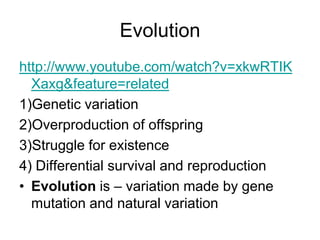 Evolution
http://www.youtube.com/watch?v=xkwRTIK
Xaxg&feature=related
1)Genetic variation
2)Overproduction of offspring
3)Struggle for existence
4) Differential survival and reproduction
• Evolution is – variation made by gene
mutation and natural variation

 