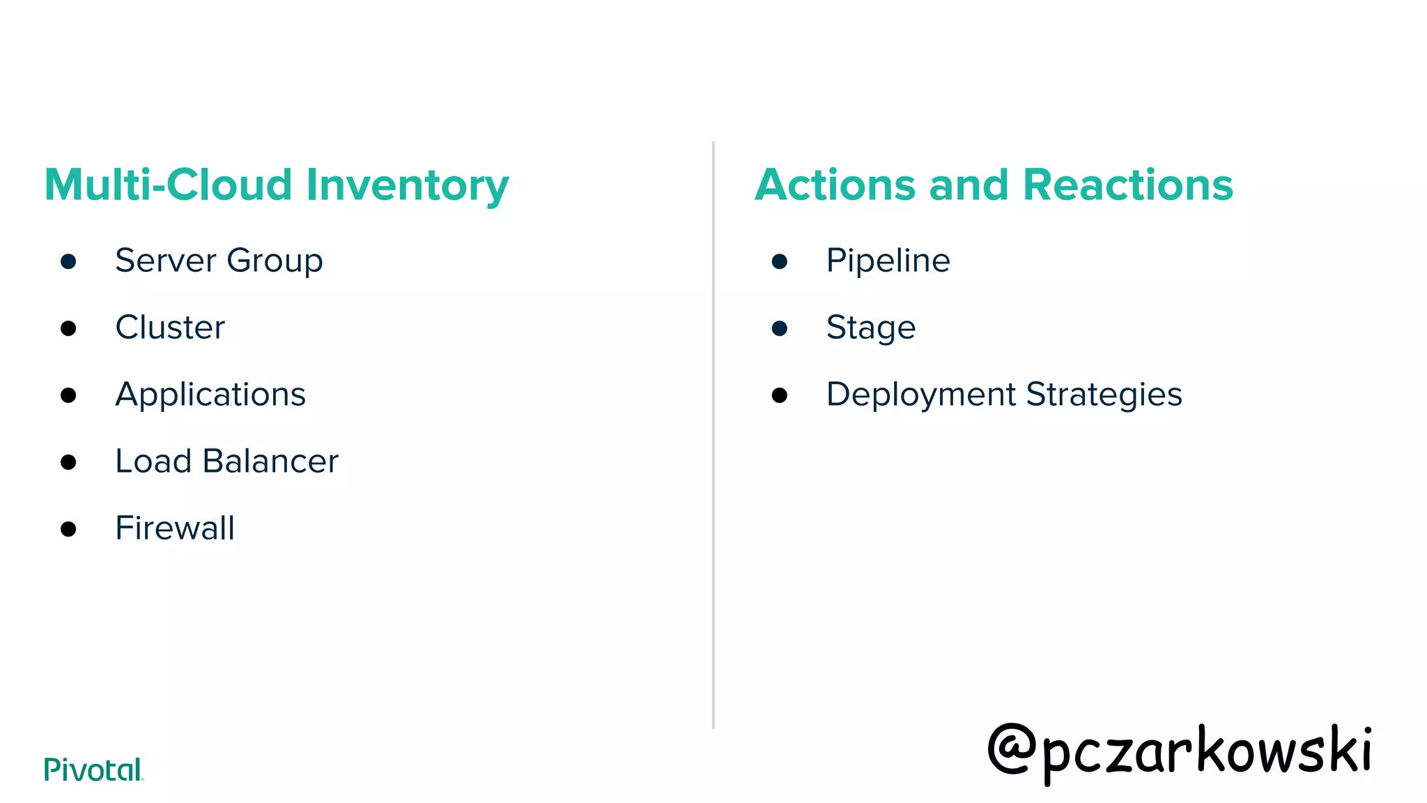 Multi-Cloud Inventory
● Server Group
● Cluster
● Applications
● Load Balancer
● Firewall
Actions and Reactions
● Pipeline
● Stage
● Deployment Strategies
@pczarkowski
 
