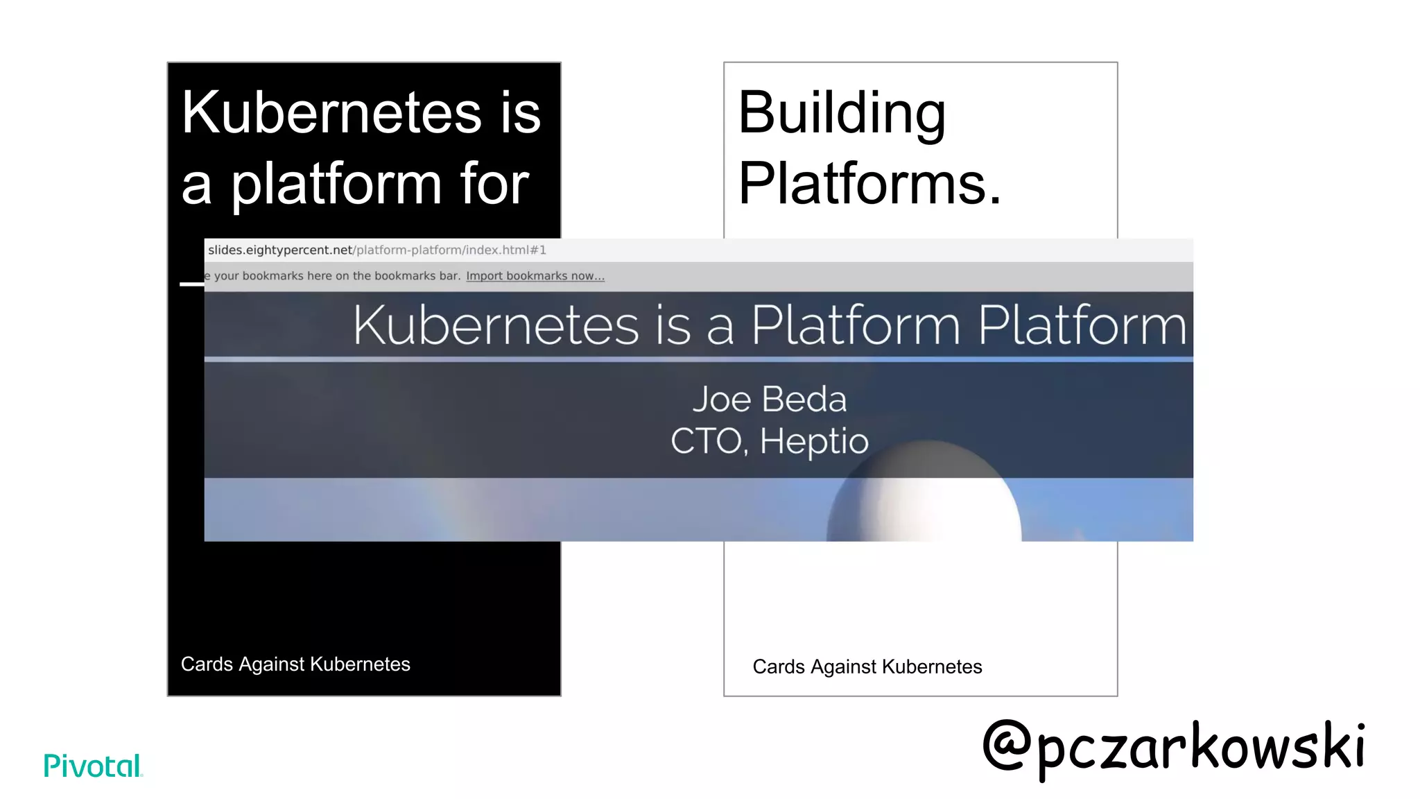 Kubernetes is
a platform for
______
Cards Against Kubernetes
Building
Platforms.
Cards Against Kubernetes
@pczarkowski
 