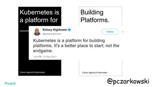 Kubernetes is
a platform for
______
Cards Against Kubernetes
Building
Platforms.
Cards Against Kubernetes
@pczarkowski
 