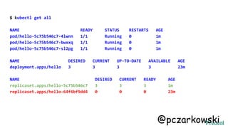 $ kubectl get all
NAME READY STATUS RESTARTS AGE
pod/hello-5c75b546c7-4lwnn 1/1 Running 0 1m
pod/hello-5c75b546c7-bwxxq 1/1 Running 0 1m
pod/hello-5c75b546c7-sl2pg 1/1 Running 0 1m
NAME DESIRED CURRENT UP-TO-DATE AVAILABLE AGE
deployment.apps/hello 3 3 3 3 23m
NAME DESIRED CURRENT READY AGE
replicaset.apps/hello-5c75b546c7 3 3 3 1m
replicaset.apps/hello-64f6bf9dd4 0 0 0 23m
@pczarkowski
 