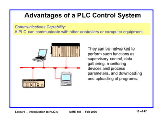 Lecture – Introduction to PLC's MME 486 – Fall 2006 10 of 47
Advantages of a PLC Control System
Communications Capability:
A PLC can communicate with other controllers or computer equipment.
They can be networked to
perform such functions as:
supervisory control, data
gathering, monitoring
devices and process
parameters, and downloading
and uploading of programs.
 