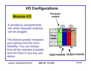 Lecture – Introduction to PLC's MME 486 – Fall 2006 17 of 47
I/O Configurations
Modular I/O
Is divided by compartments
into which separate modules
can be plugged.
This feature greatly increases
your options and the unit’s
flexibility. You can choose
from all the modules available
and mix them in any way you
desire.
 