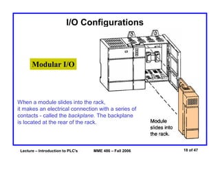 Lecture – Introduction to PLC's MME 486 – Fall 2006 18 of 47
I/O Configurations
Modular I/O
When a module slides into the rack,
it makes an electrical connection with a series of
contacts - called the backplane. The backplane
is located at the rear of the rack.
 