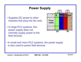 Lecture – Introduction to PLC's MME 486 – Fall 2006 19 of 47
Power Supply
• Supplies DC power to other
modules that plug into the rack.
• In large PLC systems, this
power supply does not
normally supply power to the
field devices.
• In small and micro PLC systems, the power supply
is also used to power field devices.
 
