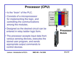 Lecture – Introduction to PLC's MME 486 – Fall 2006 20 of 47
Processor (CPU)
Processor
Module
• Is the “brain” of the PLC.
• Consists of a microprocessor
for implementing the logic, and
controlling the communications
among the modules.
• Designed so the desired circuit can be
entered in relay ladder logic form.
• The processor accepts input data from
various sensing devices, executes the
stored user program, and sends
appropriate output commands to
control devices.
 