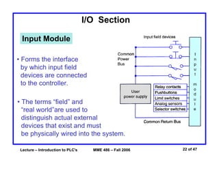Lecture – Introduction to PLC's MME 486 – Fall 2006 22 of 47
I/O Section
Input Module
• Forms the interface
by which input field
devices are connected
to the controller.
• The terms “field” and
“real world”are used to
distinguish actual external
devices that exist and must
be physically wired into the system.
 