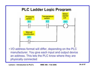 Lecture – Introduction to PLC's MME 486 – Fall 2006 34 of 47
PLC Ladder Logic Program
• I/O address format will differ, depending on the PLC
manufacturer. You give each input and output device
an address. This lets the PLC know where they are
physically connected
 