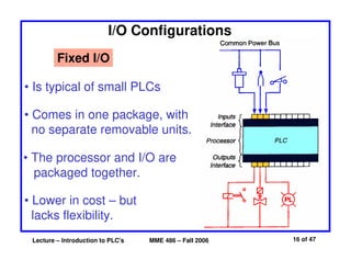Lecture – Introduction to PLC's MME 486 – Fall 2006 16 of 47
I/O Configurations
Fixed I/O
• Is typical of small PLCs
• Comes in one package, with
no separate removable units.
• The processor and I/O are
packaged together.
• Lower in cost – but
lacks flexibility.
 