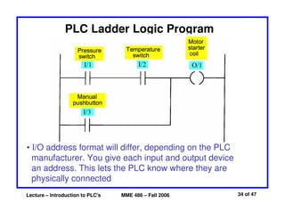 Lecture – Introduction to PLC's MME 486 – Fall 2006 34 of 47
PLC Ladder Logic Program
• I/O address format will differ, depending on the PLC
manufacturer. You give each input and output device
an address. This lets the PLC know where they are
physically connected
 
