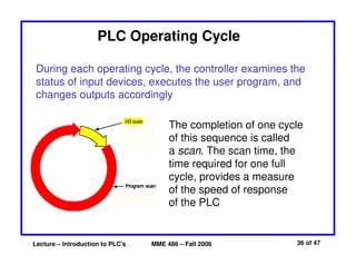 Lecture – Introduction to PLC's MME 486 – Fall 2006 36 of 47
PLC Operating Cycle
During each operating cycle, the controller examines the
status of input devices, executes the user program, and
changes outputs accordingly
The completion of one cycle
of this sequence is called
a scan. The scan time, the
time required for one full
cycle, provides a measure
of the speed of response
of the PLC
 