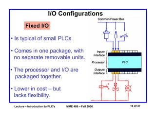 Lecture – Introduction to PLC's MME 486 – Fall 2006 16 of 47
I/O Configurations
Fixed I/O
• Is typical of small PLCs
• Comes in one package, with
no separate removable units.
• The processor and I/O are
packaged together.
• Lower in cost – but
lacks flexibility.
 