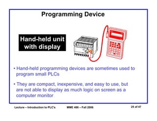 Lecture – Introduction to PLC's MME 486 – Fall 2006 25 of 47
Programming Device
Hand-held unit
with display
• Hand-held programming devices are sometimes used to
program small PLCs
• They are compact, inexpensive, and easy to use, but
are not able to display as much logic on screen as a
computer monitor
 