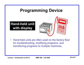 Lecture – Introduction to PLC's MME 486 – Fall 2006 26 of 47
Programming Device
• Hand-held units are often used on the factory floor
for troubleshooting, modifying programs, and
transferring programs to multiple machines.
Hand-held unit
with display
 