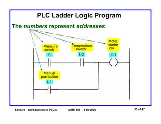Lecture – Introduction to PLC's MME 486 – Fall 2006 33 of 47
PLC Ladder Logic Program
The numbers represent addresses
 