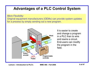 Lecture – Introduction to PLC's MME 486 – Fall 2006 8 of 47
Advantages of a PLC Control System
More Flexibility:
Original equipment manufacturers (OEMs) can provide system updates
for a process by simply sending out a new program.
It is easier to create
and change a program
in a PLC than to wire
and rewire a circuit.
End-users can modify
the program in the
field.
 