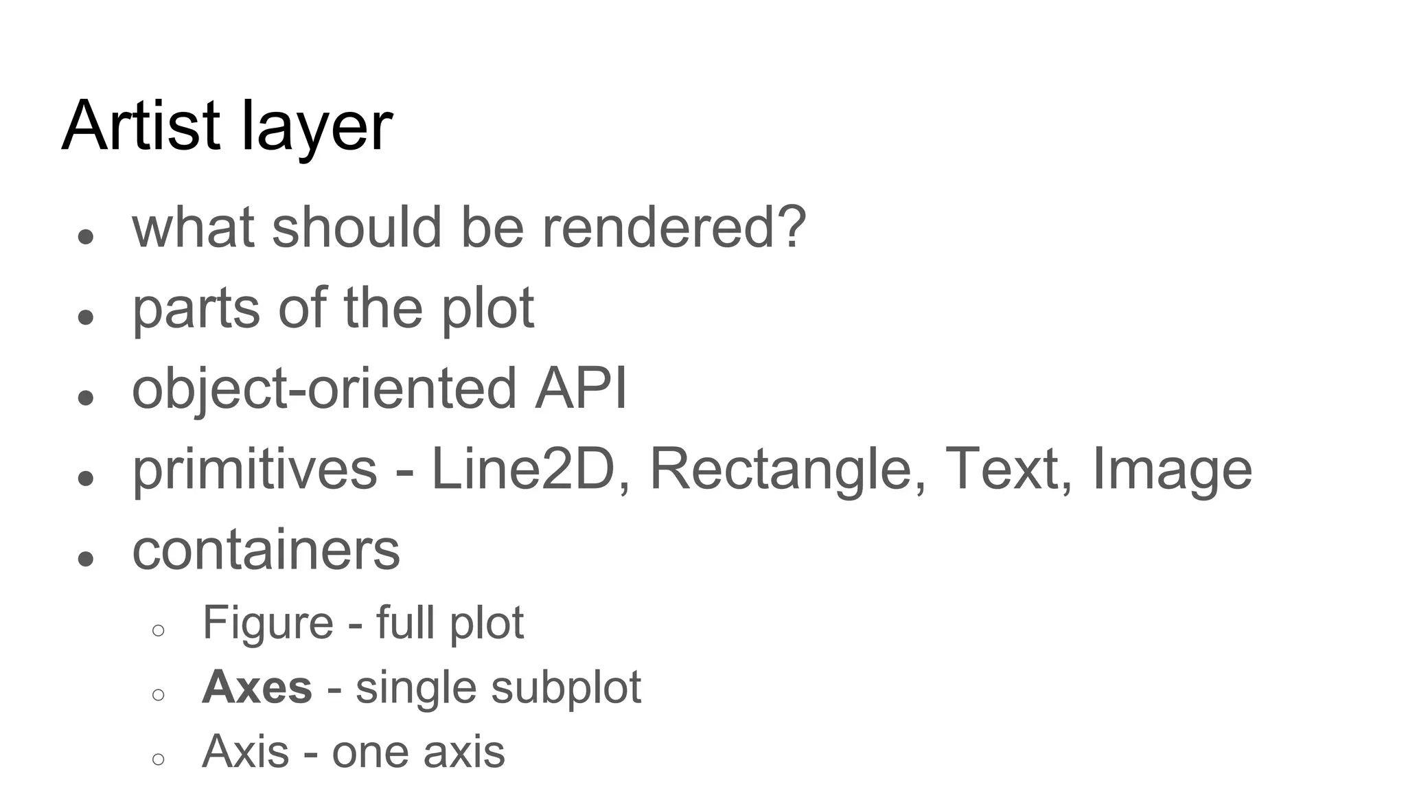 Artist layer
● what should be rendered?
● parts of the plot
● object-oriented API
● primitives - Line2D, Rectangle, Text, Image
● containers
○ Figure - full plot
○ Axes - single subplot
○ Axis - one axis
 