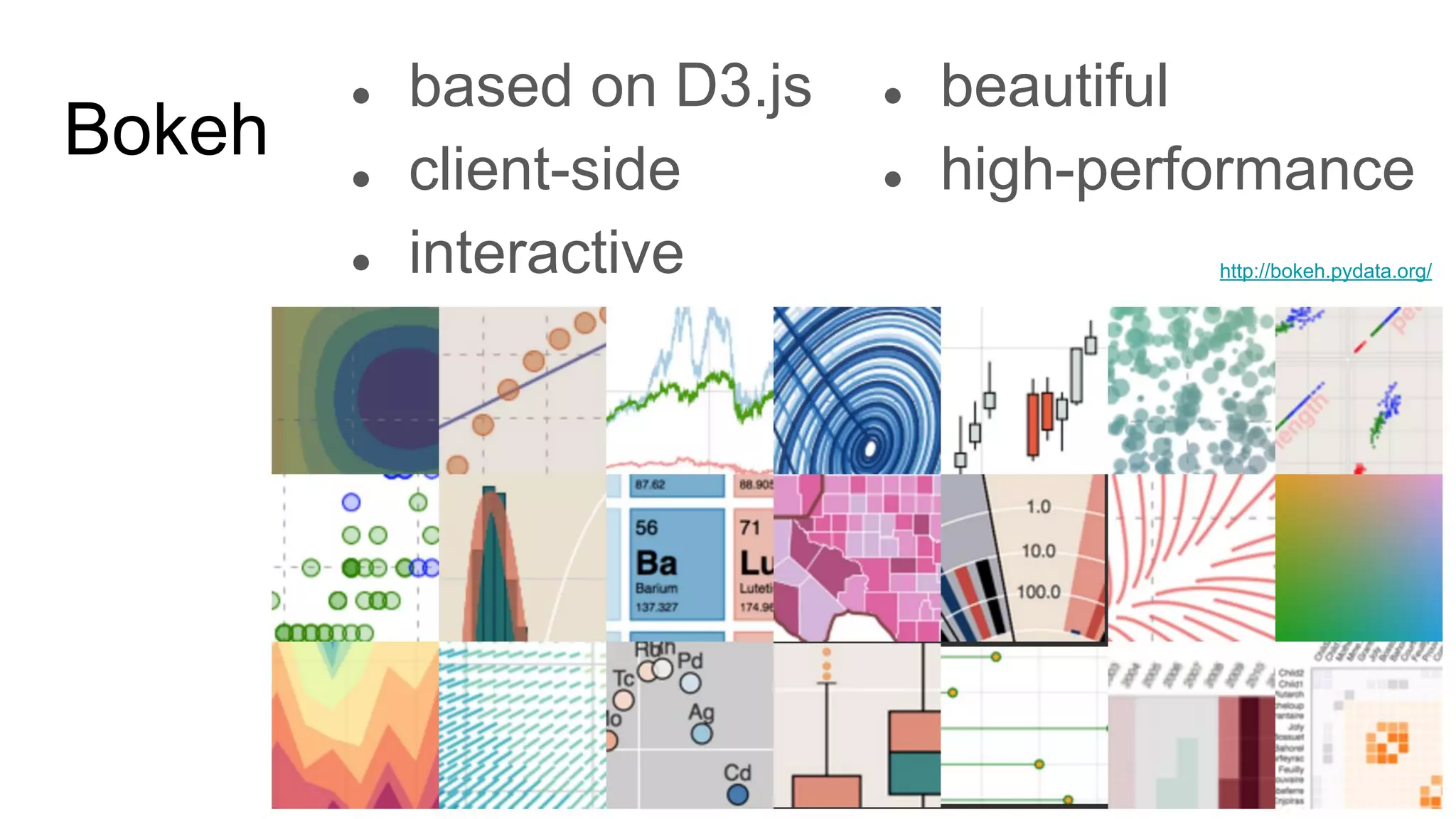 Bokeh
● based on D3.js
● client-side
● interactive
● beautiful
● high-performance
http://bokeh.pydata.org/
 