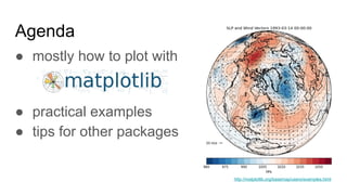 Agenda
● mostly how to plot with
● practical examples
● tips for other packages
http://matplotlib.org/basemap/users/examples.html
 