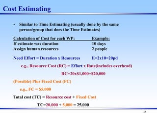 35
Cost Estimating
• Similar to Time Estimating (usually done by the same
person/group that does the Time Estimates)
Calculation of Cost for each WP: Example:
If estimate was duration 10 days
Assign human resources 2 people
Need Effort = Duration x Resources E=2x10=20pd
e.g., Resource Cost (RC) = Effort x Rate(includes overhead)
RC=20x$1,000=$20,000
(Possible) Plus Fixed Cost (FC)
e.g., FC = $5,000
Total cost (TC) = Resource cost + Fixed Cost
TC=20,000 + 5,000 = 25,000
 