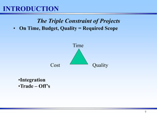 7
INTRODUCTION
The Triple Constraint of Projects
• On Time, Budget, Quality = Required Scope
Time
Cost Quality
•Integration
•Trade – Off’s
 