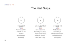 11
The Next Steps
01
G I V E U S U R
E M AI L
02
L E AR N O N Y O U R
O W N
03
AP P LY TO T H E
P M W
 