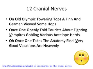 12 Cranial Nerves
   • On Old Olympic Towering Tops A Finn And
     German Viewed Some Hops
   • Once One Openly Told Tourists About Fighting
     Vampires Gobling Various Antelope Herds
   • Oh Once One Takes The Anatomy Final Very
     Good Vacations Are Heavenly



http://en.wikipedia.org/wiki/List_of_mnemonics_for_the_cranial_nerves
 