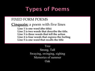 FIXED FORM POEMS Cinquain:  a poem with five lines Line 1 is one word (the title) Line 2 is two words that describe the title. Line 3 is three words that tell the action Line 4 is four words that express the feeling Line 5 is one word that recalls the title Tree Strong, Tall Swaying, swinging, sighing Memories of summer Oak 