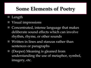 Length Visual impressions Concentrated, intense language that makes deliberate sound effects which can involve rhythm, rhyme, or other sounds Written in lines and stanzas rather than sentences or paragraphs (Deeper) Meaning is gleaned from understanding the use of metaphor, symbol, imagery, etc. 