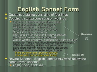 English Sonnet FormEnglish Sonnet Form
 Quatrain: a stanza consisting of four linesQuatrain: a stanza consisting of four lines
 Couplet: a stanza consisting of two linesCouplet: a stanza consisting of two lines
 Let me not to the marriage of true mindsLet me not to the marriage of true minds
Admit impediments. Love is not loveAdmit impediments. Love is not love
Which alters when it alteration finds,Which alters when it alteration finds,
Or bends with the remover to remove:Or bends with the remover to remove:
O no! it is an ever-fixed markO no! it is an ever-fixed mark
That looks on tempests and is never shaken;That looks on tempests and is never shaken;
It is the star to every wandering bark,It is the star to every wandering bark,
Whose worth's unknown, although his height be taken.Whose worth's unknown, although his height be taken.
Love's not Time's fool, though rosy lips and cheeksLove's not Time's fool, though rosy lips and cheeks
Within his bending sickle's compass come:Within his bending sickle's compass come:
Love alters not with his brief hours and weeks,Love alters not with his brief hours and weeks,
But bears it out even to the edge of doom.But bears it out even to the edge of doom.
     If this be error and upon me proved, If this be error and upon me proved,
   I never writ, nor no man ever loved.   I never writ, nor no man ever loved.
 Rhyme Scheme: English sonnets ALWAYS follow theRhyme Scheme: English sonnets ALWAYS follow the
same rhyme schemesame rhyme scheme
 ABAB, CDCD, EFEF, GGABAB, CDCD, EFEF, GG
Quatrains
(3)
Couplet (1)
 