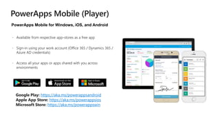PowerApps Mobile for Windows, iOS, and Android
Google Play: https://aka.ms/powerappsandroid
Apple App Store: https://aka.ms/powerappsios
Microsoft Store: https://aka.ms/powerappswin
 
