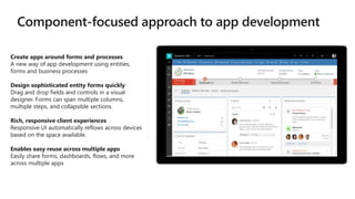 Create apps around forms and processes
A new way of app development using entities,
forms and business processes
Design sophisticated entity forms quickly
Drag and drop fields and controls in a visual
designer. Forms can span multiple columns,
multiple steps, and collapsible sections.
Rich, responsive client experiences
Responsive UI automatically reflows across devices
based on the space available.
Enables easy reuse across multiple apps
Easily share forms, dashboards, flows, and more
across multiple apps
 