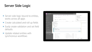 Server-side logic bound to entities,
works across all apps
 Create calculated and roll up fields
 Easily create validation and set field
defaults
 Update related entities with
synchronous workflows
 
