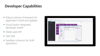  Robust solution framework for
application install and updates
 Visual Studio integrated
developer toolkit
 Odata web API
 .Net SDK
 Sandbox instances for ALM
operations
 