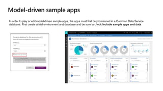 In order to play or edit model-driven sample apps, the apps must first be provisioned in a Common Data Service
database. First create a trial environment and database and be sure to check Include sample apps and data.
 