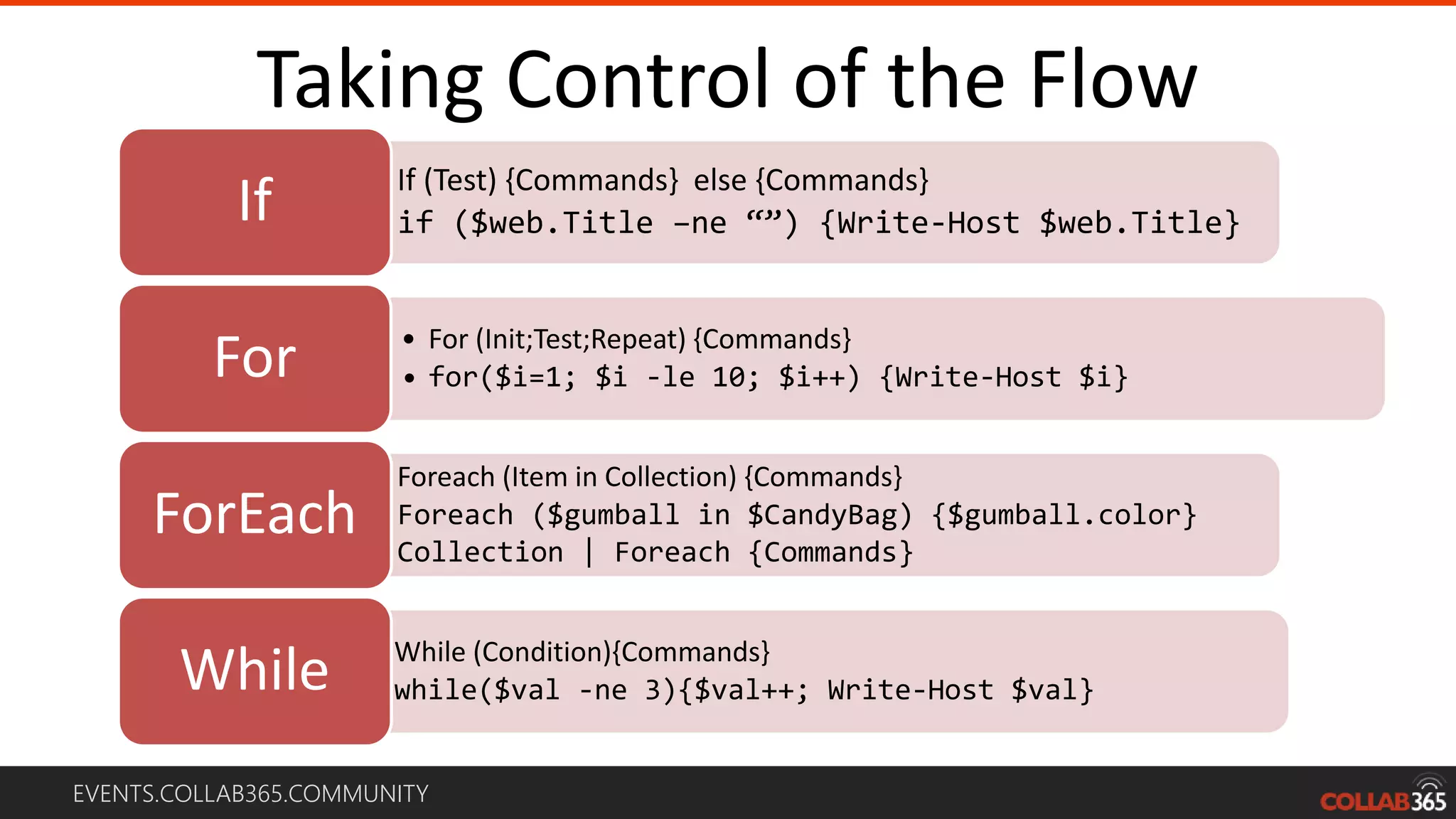 EVENTS.COLLAB365.COMMUNITY
Taking Control of the Flow
• If (Test) {Commands} else {Commands}
• if ($web.Title –ne “”) {Write-Host $web.Title}If
• For (Init;Test;Repeat) {Commands}
• for($i=1; $i -le 10; $i++) {Write-Host $i}For
• Foreach (Item in Collection) {Commands}
• Foreach ($gumball in $CandyBag) {$gumball.color}
• Collection | Foreach {Commands}
ForEach
• While (Condition){Commands}
• while($val -ne 3){$val++; Write-Host $val}While
5
 