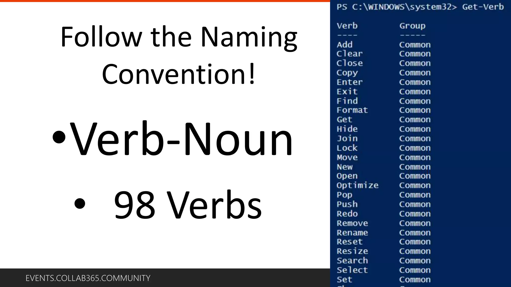EVENTS.COLLAB365.COMMUNITY
Follow the Naming
Convention!
•Verb-Noun
• 98 Verbs
 