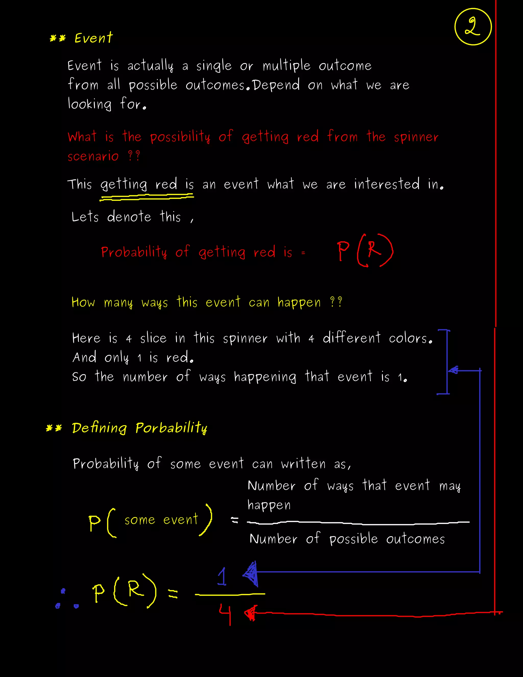 ** Event
Event is actually a single or multiple outcome
from all possible outcomes.Depend on what we are
looking for.
What is the possibility of getting red from the spinner
scenario ??
This getting red is an event what we are interested in.
Lets denote this ,
Probability of getting red is =
How many ways this event can happen ??
Here is 4 slice in this spinner with 4 diﬀerent colors.
And only 1 is red.
So the number of ways happening that event is 1.
** Deﬁning Porbability
Probability of some event can written as,
Number of possible outcomes
Number of ways that event may
happen
some event
 