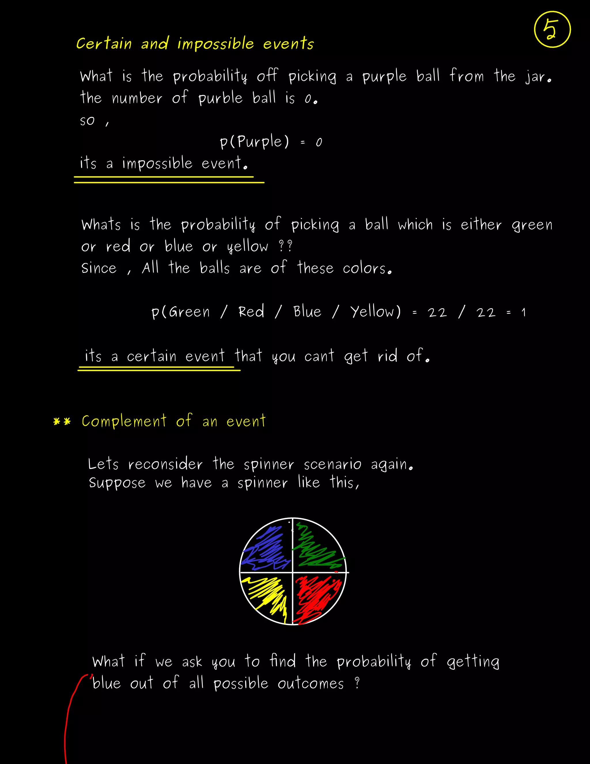 Certain and impossible events
What is the probability oﬀ picking a purple ball from the jar.
the number of purble ball is 0.
so ,
p(Purple) = 0
its a impossible event.
Whats is the probability of picking a ball which is either green
or red or blue or yellow ??
Since , All the balls are of these colors.
p(Green / Red / Blue / Yellow) = 22 / 22 = 1
its a certain event that you cant get rid of.
** Complement of an event
Suppose we have a spinner like this,
Lets reconsider the spinner scenario again.
What if we ask you to ﬁnd the probability of getting
blue out of all possible outcomes ?
 